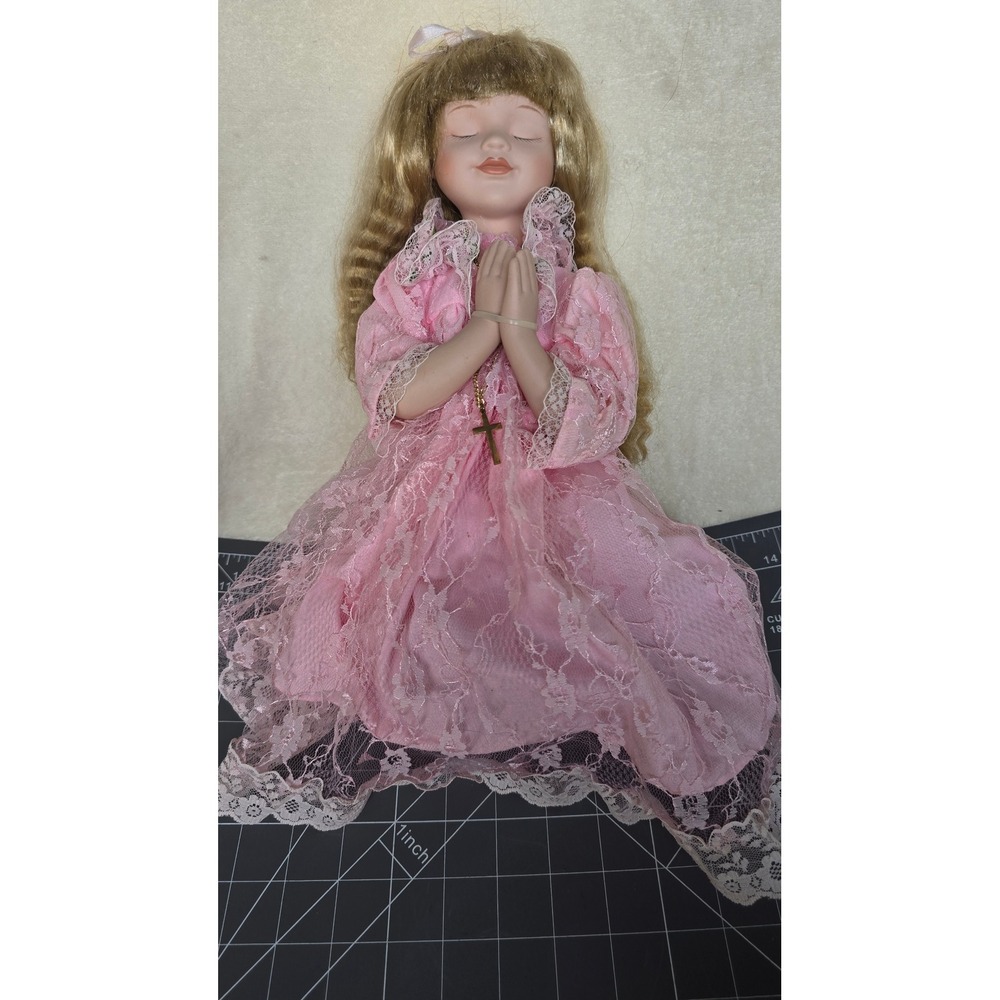 Vintage Porcelain Praying Doll Pink Lace Dress Gold Cross Religious 12 inch